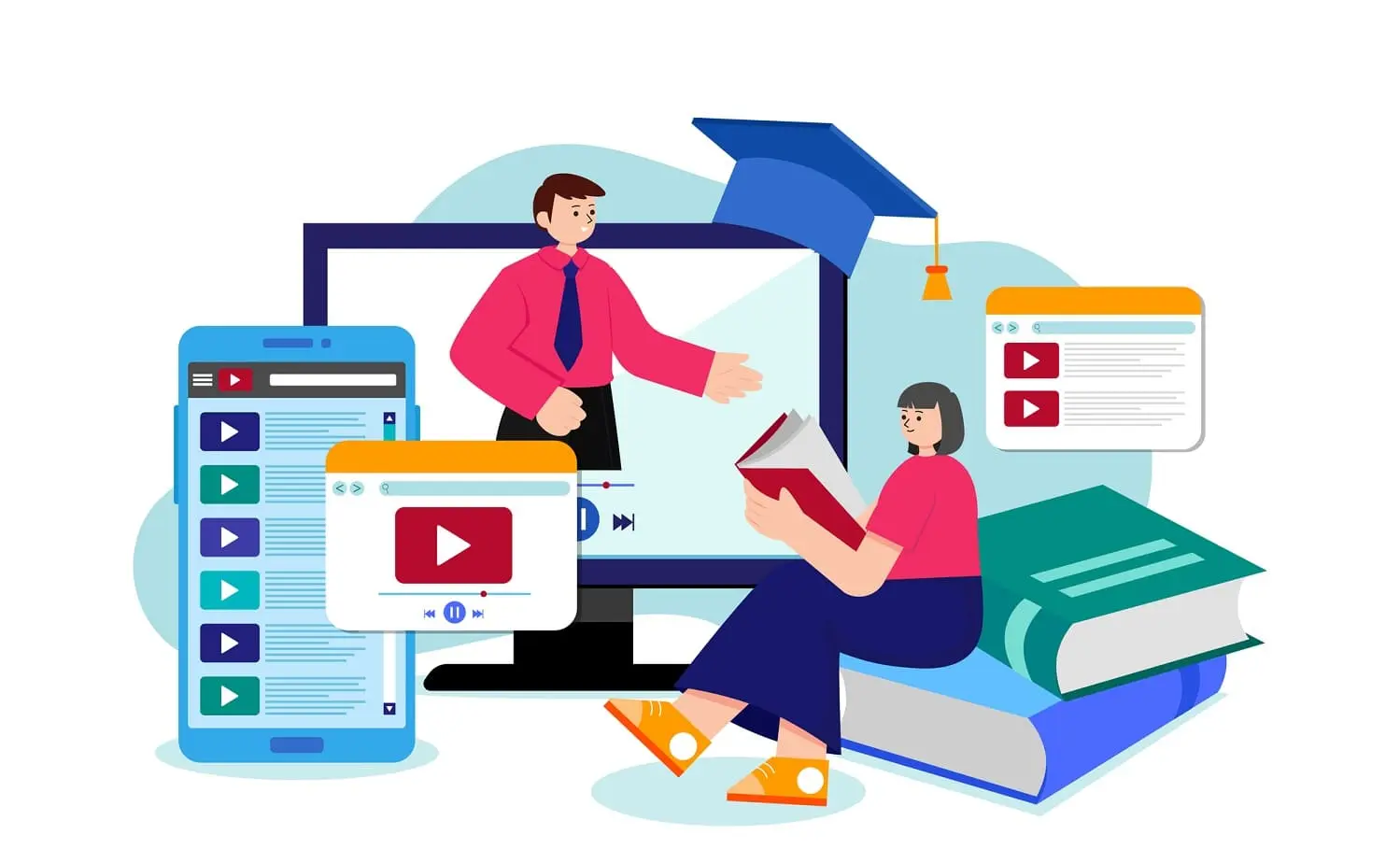 a cartoon illustration of a teacher instructing a student across many different types of educational platforms