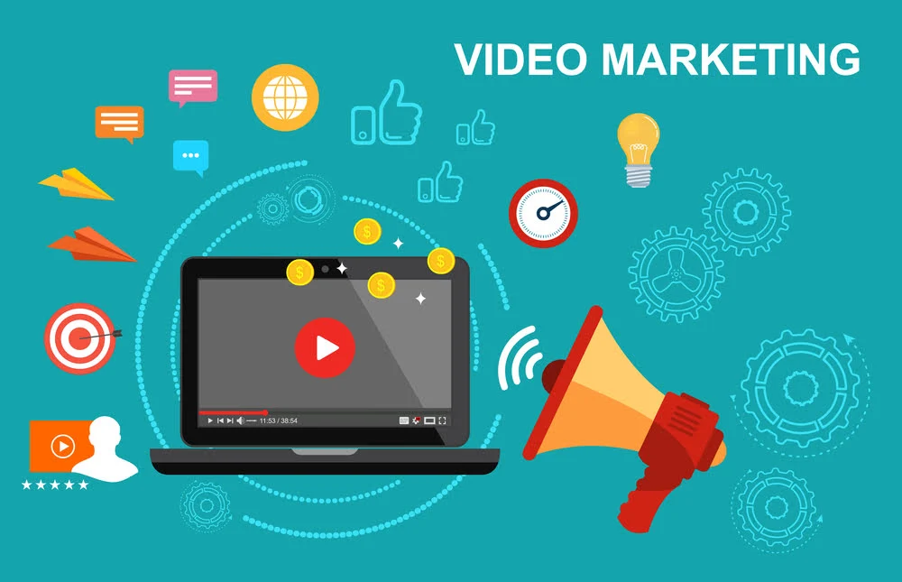 Video marketing strategy graphic with laptop, play button, and digital promotion icons